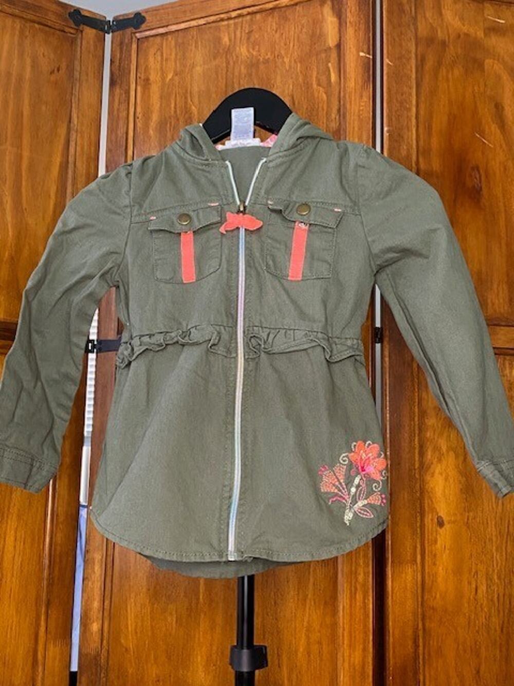 Little Lass Girls 6X Olive Green Hooded Utility Jacket Floral Embroidered Ruffle